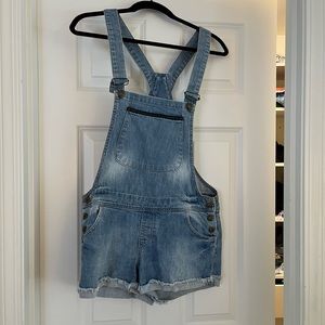 Denim short overalls with leather detail